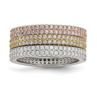 White Yellow &amp; Rose-tone Set of 3 CZ Diamond Eternity Rings Sterling Silver QR6738, MPN: QR6738,