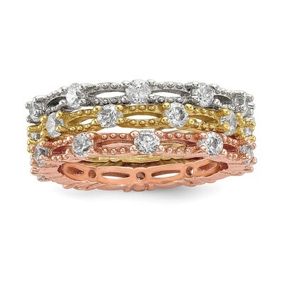 White Yellow &amp; Rose-tone Set of 3 CZ Diamond Eternity Rings Sterling Silver QR6684, MPN: QR6684,