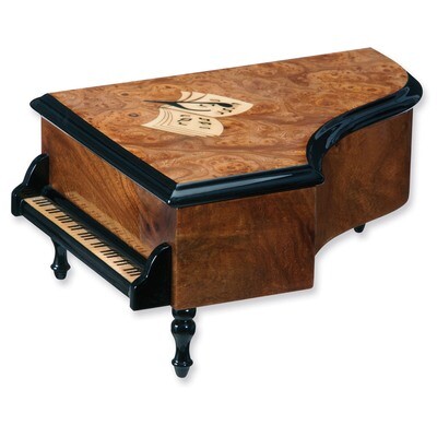 Walnut Burlwood Finish with Inlay Piano Shaped Musical Jewelry Box GM3491