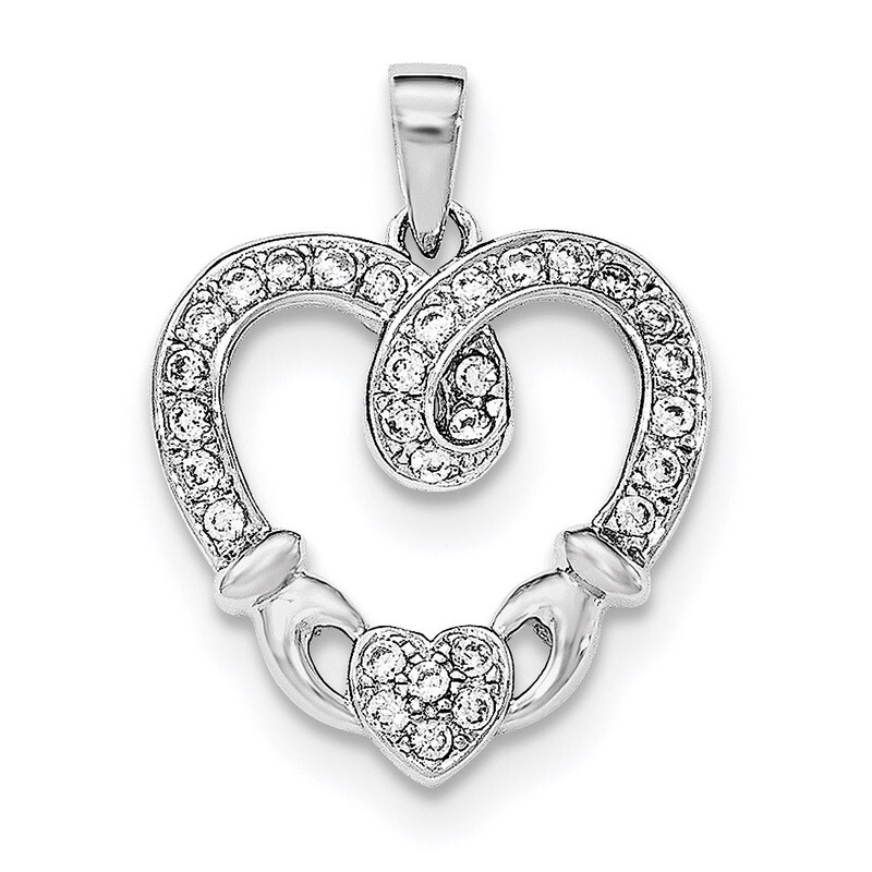 CZ Diamond Heart Claddagh Pendant Sterling Silver Rhodium-plated QP4450, MPN: QP4450, 191101459740