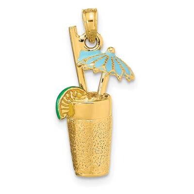 Cocktail Drink with Enamel Umbrella Lime Charm 14k Gold 3-D K6678, MPN: K6678, 637218111886