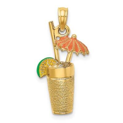 Cocktail Drink with Orange Enamel Umbrella Lime Charm 14k Gold 3-D K6681, MPN: K6681, 637218111381