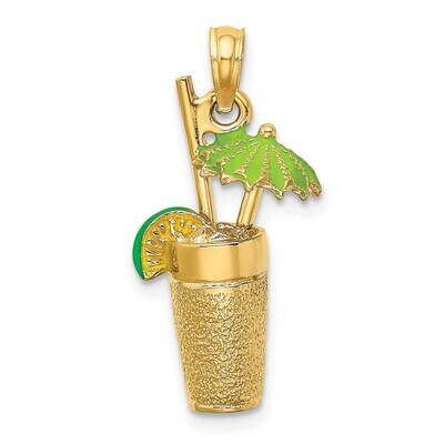 Cocktail Drink with Green Enamel Umbrella Lime Charm 14k Gold 3-D K6680, MPN: K6680, 637218111374