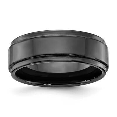 Ceramic Polished Black Ridged Edge 8mm Men&#39;s Ring 10405-8