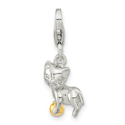 3D Cat &amp; Ball with Lobster Clasp Charm Sterling Silver Gold-Plated QCC1244, MPN: QCC1244,