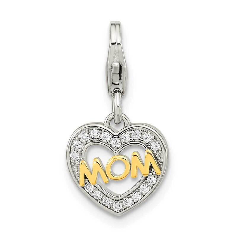 CZ Diamond Mom Heart with Lobster Clasp Charm Sterling Silver Gold-plated QCC1236