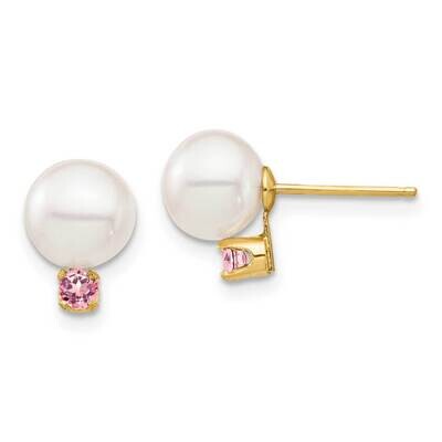 7-7.5mm White Round Freshwater Cultured Pearl Pink Topaz Post Earrings 14k Gold XF753E_PT, MPN: XF7…
