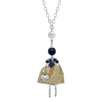Blue Jade Golden Dress Doll Charm with Chain Le Amiche Silver-tone by Jere, MPN: JDN117-31,
