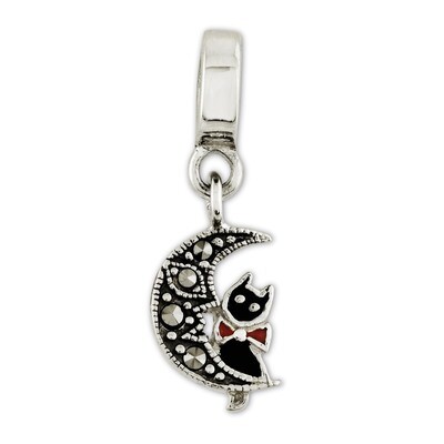 Marcasite Cat &amp; Moon Dangle Bead - Sterling Silver QRS2715, MPN: QRS2715, 886774992525