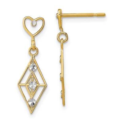 Diamond Shape Heart Dangle Earrings 14k Gold Rhodium Diamond-cut TE930, MPN: TE930, 637218111589