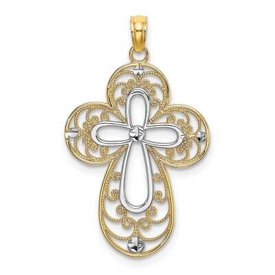 Filigree Cross Charm 14k Gold Rhodium Diamond-cut K9539, MPN: K9539, 637218154807
