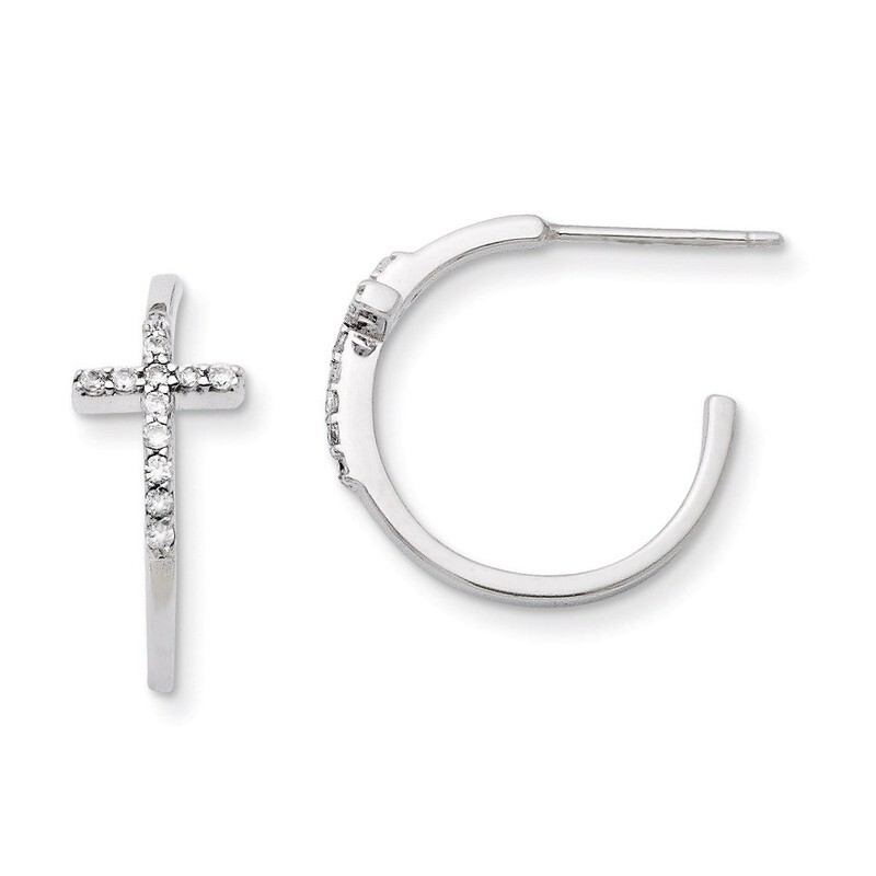 Sideways Cross Hoop Earrings Sterling Silver with Diamonds QE11083