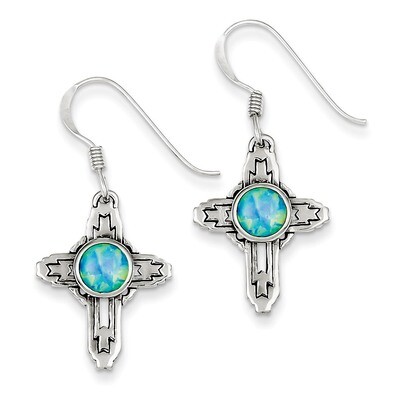 Created Opal Cross Earrings Antiqued Sterling Silver QE1618, MPN: QE1618, 883957922256
