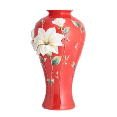Franz Porcelain Magnolia Design Sculptured Porcelain Red Vase FZ02816, MPN: FZ02816,