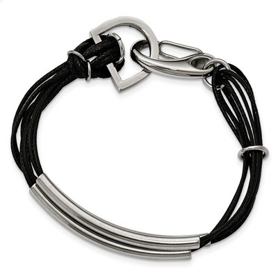 Polished 3 Steel Tube with Black Wax Cord Bracelet Stainless Steel SRB2131-8