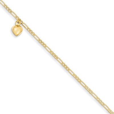 Figaro Link with Dangling Heart Anklet 9 Inch 14k Gold ANK66-9, MPN: ANK66-9, 886774311715
