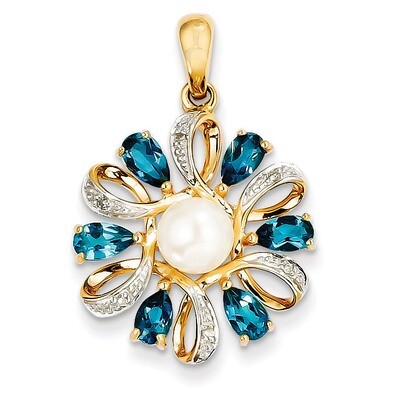 Diamond and 6-7mm Button Cultured Pearl London Blue Topaz Pendant 14k Gold XP4169, MPN: XP4169, 883…