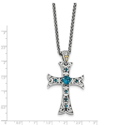 London Blue Topaz Cross Necklace Sterling Silver &amp; 14k Gold QTC1378, MPN: QTC1378, 886774378145