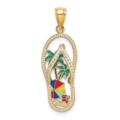 Palm Tree Beach Scene Flip-Flop Charm 14k Gold Enamel K7003, MPN: K7003, 637218137770