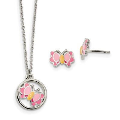 Enameled Butterfly Earrings &amp; Necklace Set Sterling Silver Polished QH5353SET, MPN: QH5353SET, 8867…