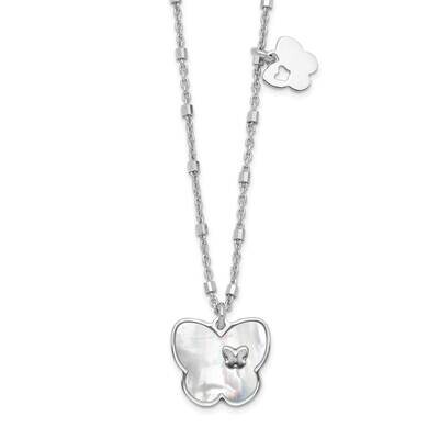 Mother of Pearl Butterfly with 1 Inch Extender Necklace 15.5 Inch Sterling Silver Rhodium-Plated QG…