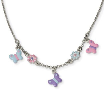 Enameled Floral &amp; Butterfly Necklace 14 Inch Sterling Silver Polished QG4660-14, MPN: QG4660-14, 19…