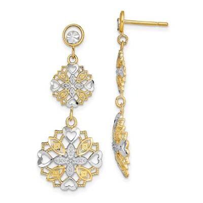 Flower Heart Dangle Earrings 14k Gold Rhodium Diamond-cut TE918, MPN: TE918, 883957952062