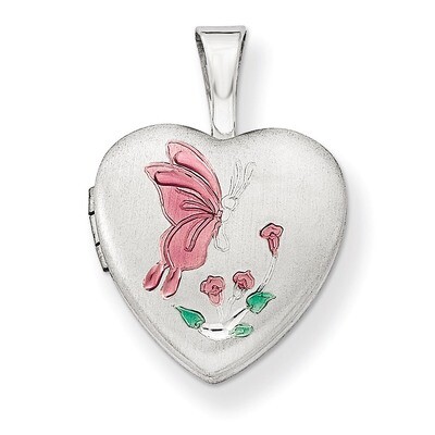 Enamel Butterfly Flowers 12mm Heart Locket Sterling Silver QLS505, MPN: QLS505, 191101277399