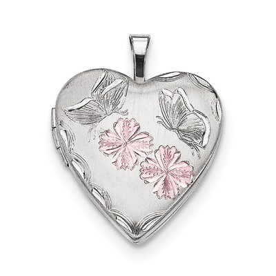 Enameled Flowers Butterfly Heart Locket Sterling Silver Rhodium-plated QLS641, MPN: QLS641, 1911013…