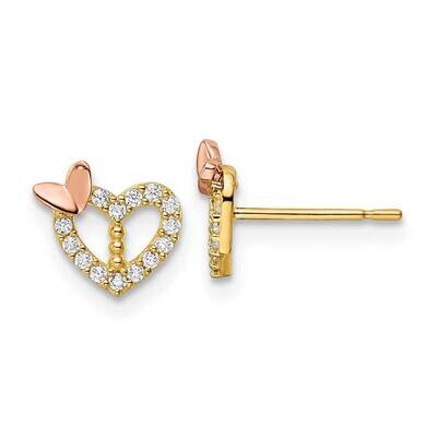 CZ Diamond Heart with Butterfly Post Earrings 14k Two-Tone Gold YE2026, MPN: YE2026, 191101798771