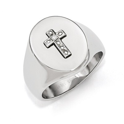 Polished Cross Synthetic Diamond Signet Ring - Stainless Steel SR473 by Chisel, MPN: SR473, 1911018…