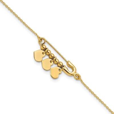Safety Pin with Dangle Hearts Bracelet 14k Gold FB1870-7, MPN: FB1870-7, 191101732171