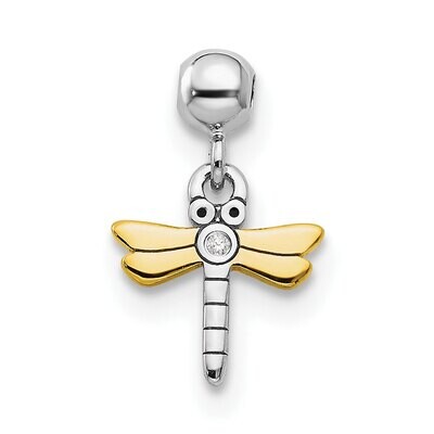 CZ Diamond Dragonfly Charm Sterling Silver Rhodium &amp; Gold Tone QMM114, MPN: QMM114,