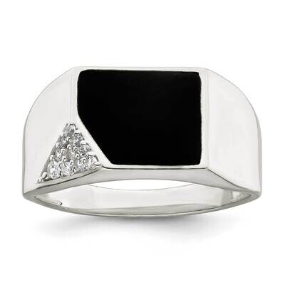 Black Enameled and CZ Diamond Mens Ring Sterling Silver QR7411, MPN: QR7411,