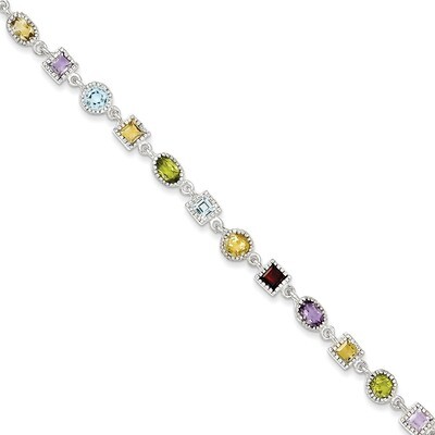 Rainbow Semi Precious Stone Bracelet Sterling Silver QX476RB, MPN: QX476RB, 191101369568