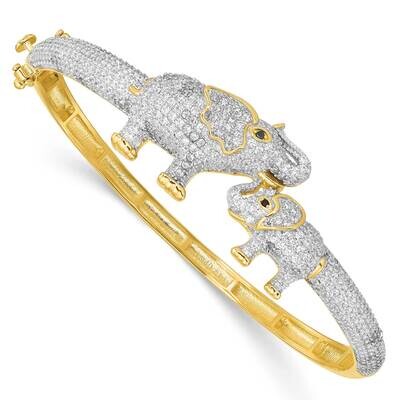 Gold Tone Mom and Baby CZ Diamond Elephants Hinged Bangle Sterling Silver Rhodium-Plated QB1446, MP…