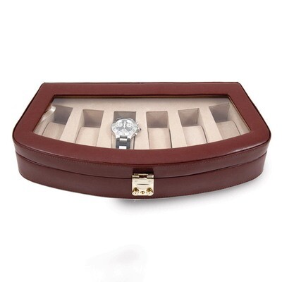 Brown Leather 6 Watch Case with Glass Top and Lock GM13147, MPN: GM13147, 886774613482