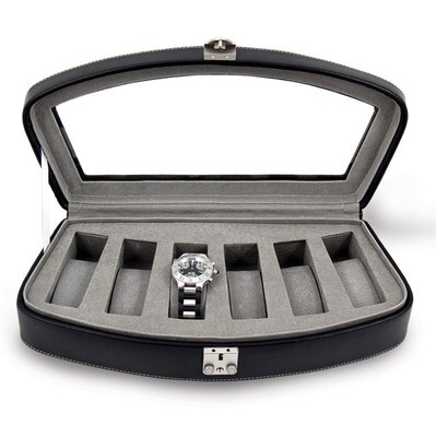 Black Leather 6 Watch Case with Glass Top and Lock GM13146, MPN: GM13146, 886774613475