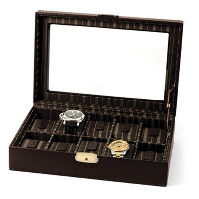 Brown Leather Ten Watch Case with Glass Top &amp; Locking Clasp GM8753, MPN: GM8753, 797140526322