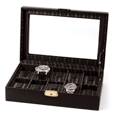 Black Leather Ten Watch Case with Glass Top &amp; Locking Clasp GM8752, MPN: GM8752, 797140516323