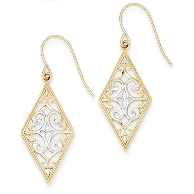 Diamond Shape Filigree Dangle Earrings 14k Two-Tone Gold TE600, MPN: TE600, 637218131921