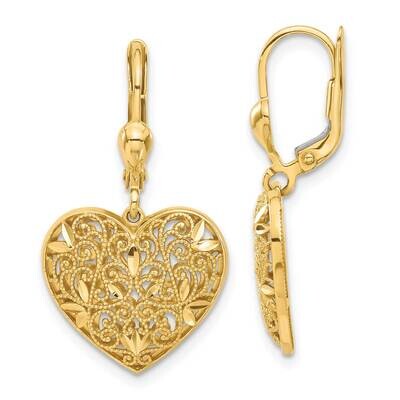 14k Gold Filigree Diamond-cut Heart Dangle Earrings CMEI18169