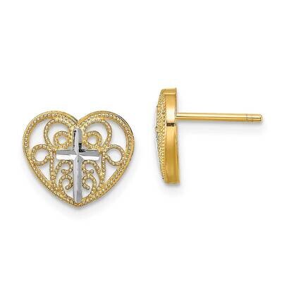 Filigree Cross Center Heart Post Earrings 14k Gold Rhodium TE908, MPN: TE908, 637218095131