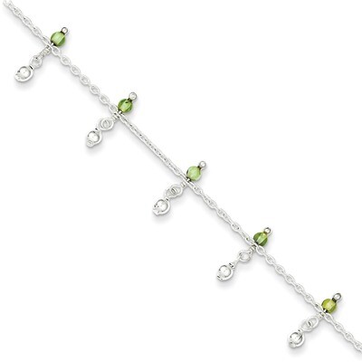 9 Inch Peridot Bead Ankle Bracelet Sterling Silver QG1398-9, MPN: QG1398-9, 191101275487