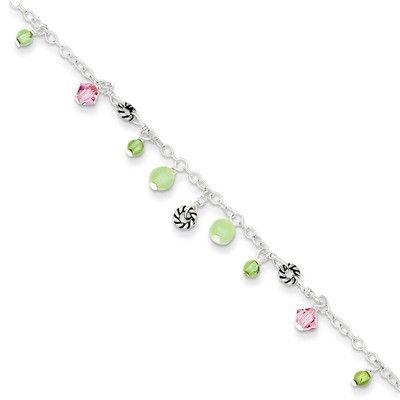 9 Inch Pink Crystal Green Quartz &amp; Peridot Bead Ankle Bracelet Sterling Silver QG1401-9, MPN: QG140…