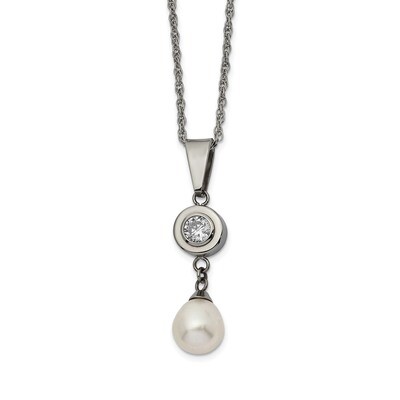 CZ and Freshwater Cultured Pearl Necklace Titanium Polished TBN2643-22 by Chisel, MPN: TBN2643-22, …