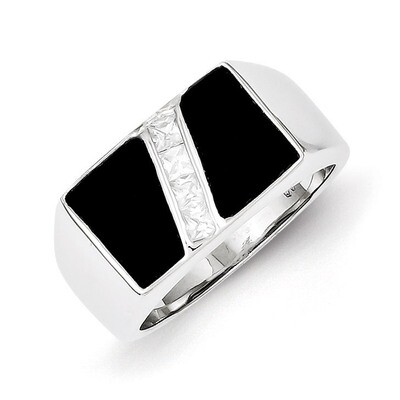 Men&#39;s Synthetic Diamond and Onyx Ring Sterling Silver QR1278-10, MPN: QR1278-10, 883957179841
