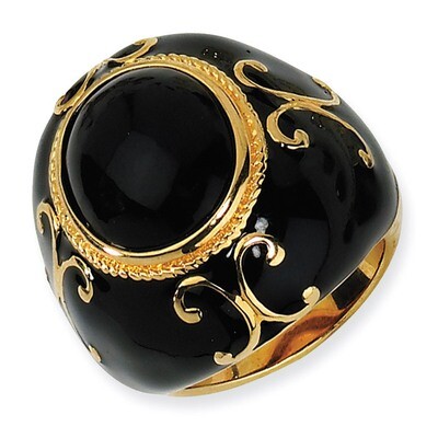 Gold-Plated Black Enamel &amp; Onyx Ring Sterling Silver QCM341-6