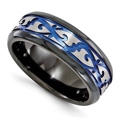 Edward Mirell Black Titanium Scroll Pattern Blue Anodized 9mm Band EMR110 by Edward Mirell, MPN: EM…