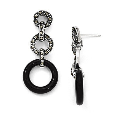 Onyx &amp; Marcasite Circles Post Earrings Sterling Silver QE5144, MPN: QE5144, 191101561337